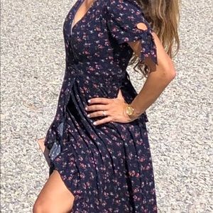 Worn once; Small; V neck Floral Tie Side Ruffle Trim Wrap Dress with Liner